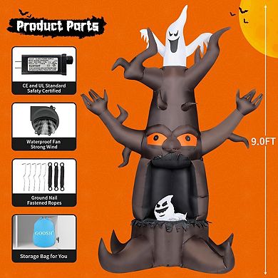 GOOSH 9 FT Halloween Inflatable Animated Dead Scary Tree and White Ghost with Built-in LEDs