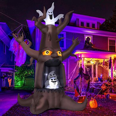 GOOSH 9 FT Halloween Inflatable Animated Dead Scary Tree and White Ghost with Built-in LEDs