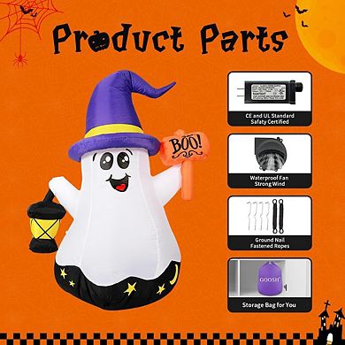 GOOSH 5 FT Halloween Inflatables Cute Wizard Ghost with Hand-Held Light and Built-in LEDs