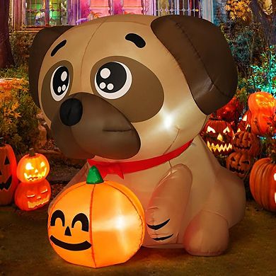 GOOSH 4 FT Halloween Inflatables Dog Pug Holding Pumpkin with Built-in LEDs