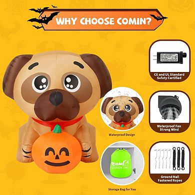 GOOSH 4 FT Halloween Inflatables Dog Pug Holding Pumpkin with Built-in LEDs