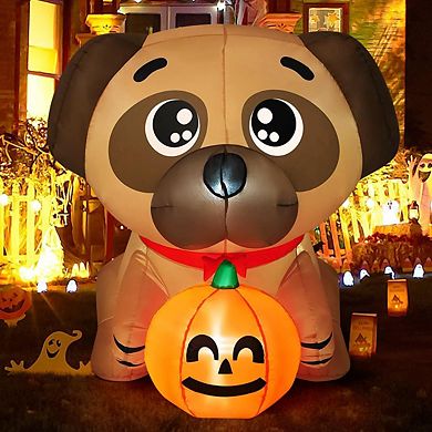 GOOSH 4 FT Halloween Inflatables Dog Pug Holding Pumpkin with Built-in LEDs