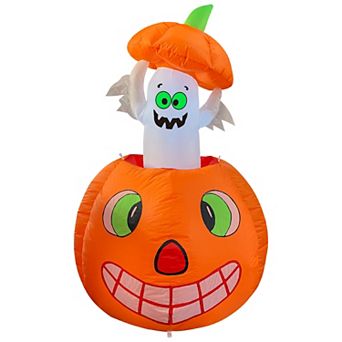 GOOSH 5 FT Halloween Inflatables Animated Pumpkin Ghost Blow Up with Built-in LEDs