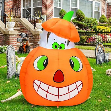 GOOSH 5 FT Halloween Inflatables Animated Pumpkin Ghost Blow Up with Built-in LEDs