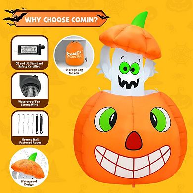GOOSH 5 FT Halloween Inflatables Animated Pumpkin Ghost Blow Up with Built-in LEDs