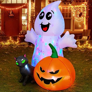 GOOSH Halloween Inflatable 5FT Ghost with Black Cat and Pumpkin with Built-in LEDs