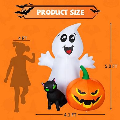 GOOSH Halloween Inflatable 5FT Ghost with Black Cat and Pumpkin with Built-in LEDs
