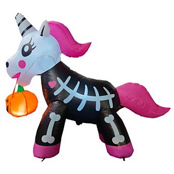 GOOSH 5 FT Halloween Inflatables Skeleton Unicorn Blow Up Yard Pink Cute with Built-in LEDs
