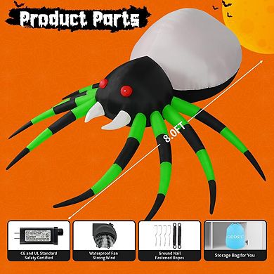GOOSH 8FT Halloween Inflatable Green Light Up Spider with LED light