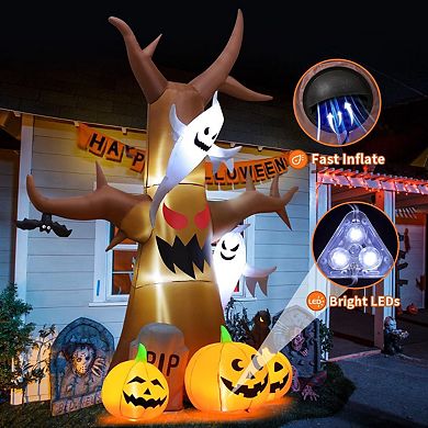 GOOSH 12 FT Halloween Inflatables Scary Dead Tree with Pumpkin Ghost Tombstone with Built-in LEDs