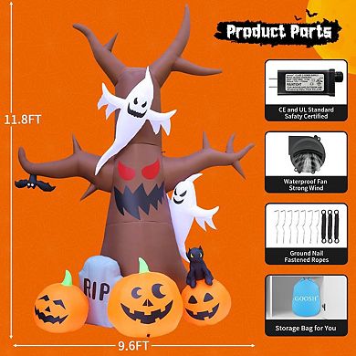 GOOSH 12 FT Halloween Inflatables Scary Dead Tree with Pumpkin Ghost Tombstone with Built-in LEDs