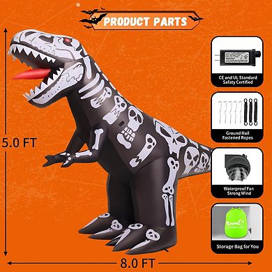 GOOSH 8 FT Long Halloween Inflatables Blow Up Dinosaur Skeleton with Built-in LEDs