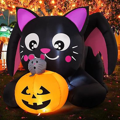 GOOSH 5 FT Halloween Inflatables Black Cat Blow Up Yard Pumpkin with Built-in LEDs