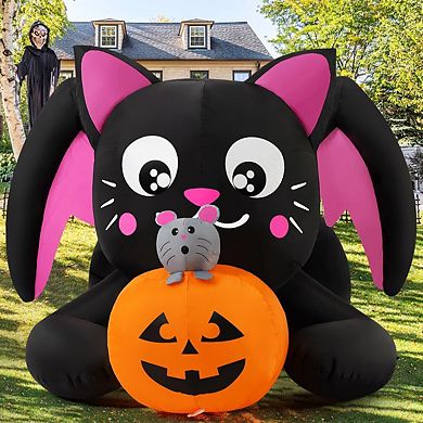 GOOSH 5 FT Halloween Inflatables Black Cat Blow Up Yard Pumpkin with Built-in LEDs