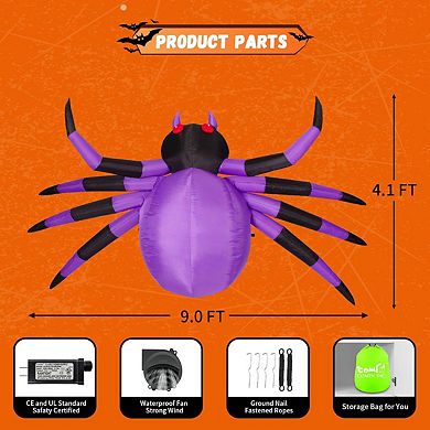 GOOSH Halloween Inflatables Outdoor Decorations, 9 FT Width Purple Spider-with LED Lights