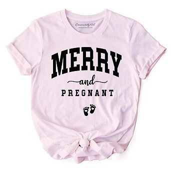 Merry and Pregnant T‑Shirt, Baby Announcement Christmas Tee for New Mom