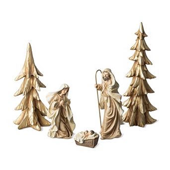 Glitzhome Set of 5 Resin Holy Family Table Decor, Tabletop Decoration with Christmas Trees