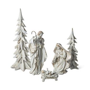 Glitzhome Set of 5 Resin Holy Family Table Decor, Tabletop Decoration with Christmas Trees