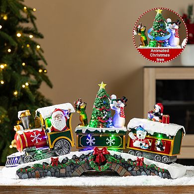 Glitzhome 20"L Santa Train Resin Village, Lighted Christmas Table Decor with Movement and Music