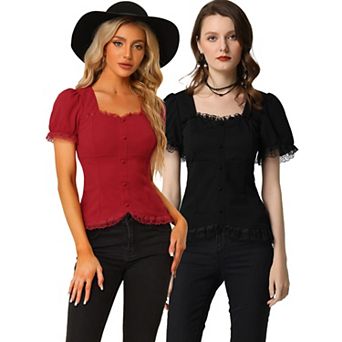 2 Packs Victorian Shirt for Women's Sweetheart Neck Short Sleeve Lace Up Gothic Blouse