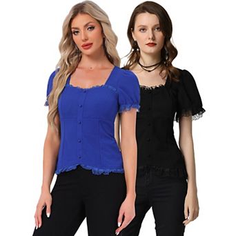2 Packs Victorian Shirt for Women's Sweetheart Neck Short Sleeve Lace Up Gothic Blouse