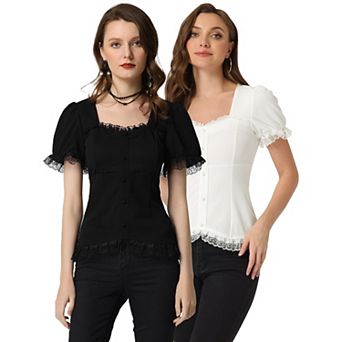 2 Packs Victorian Shirt for Women's Sweetheart Neck Short Sleeve Lace Up Gothic Blouse