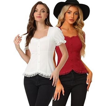 2 Packs Victorian Shirt for Women's Sweetheart Neck Short Sleeve Lace Up Gothic Blouse