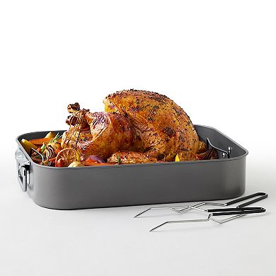 Mingle & Co. 16-Inch Carbon Steel Roasting Pan with Rack & Lifters