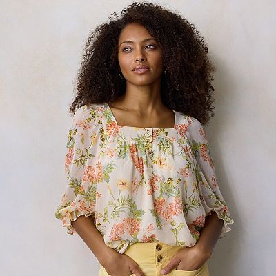 Women's LC Lauren Conrad 3/4 Length Sleeve Henley Peasant Blouse