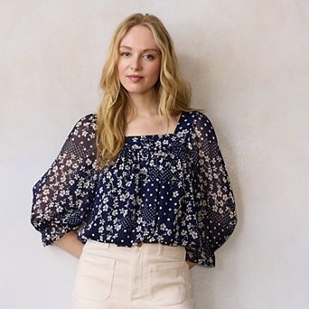 Petite LC Lauren Conrad 3/4 Length Sleeve Square Neck Blouse
