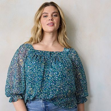 Plus Size LC Lauren Conrad 3/4 Length Sleeve Squareneck Blouse