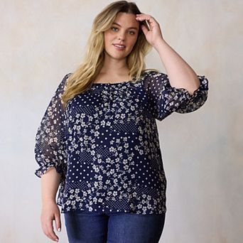 Plus Size LC Lauren Conrad 3/4 Length Sleeve Squareneck Blouse