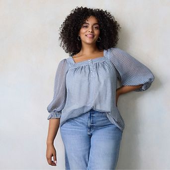 Plus Size LC Lauren Conrad 3/4 Length Sleeve Squareneck Blouse