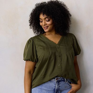 Plus Size LC Lauren Conrad V-Neck Button Front Blouse with Tucks