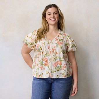 Plus Size LC Lauren Conrad V-Neck Button Front Blouse with Tucks