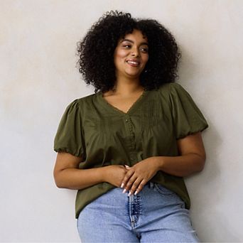 Plus Size LC Lauren Conrad V-Neck Button Front Blouse with Tucks