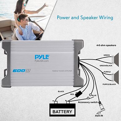 Pyle 2-Channel Waterproof Rated Marine Amplifier - Compact Audio Component System - 600W - Black