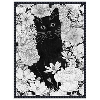 Little Black Garden Cat by Ec Mazur Framed Canvas Wall Art Print