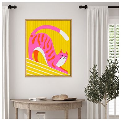 Snoozing Whiskers Cat Stretch by Kintsugi99 Framed Canvas Wall Art Print