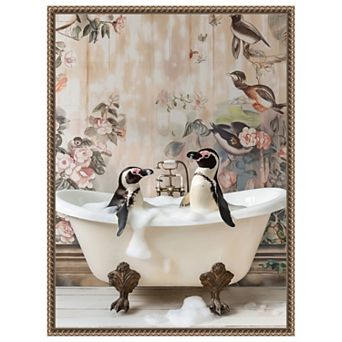 Penguin Pals in a Bubble Bath by Niky Rahner Framed Canvas Wall Art Print