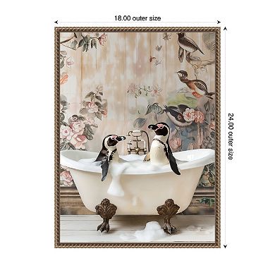 Penguin Pals in a Bubble Bath by Niky Rahner Framed Canvas Wall Art Print