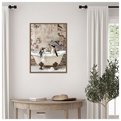 Penguin Pals in a Bubble Bath by Niky Rahner Framed Canvas Wall Art Print