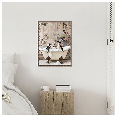Penguin Pals in a Bubble Bath by Niky Rahner Framed Canvas Wall Art Print