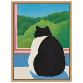 Fat Cat Looking out the Window by Little Dean Framed Canvas Wall Art Print