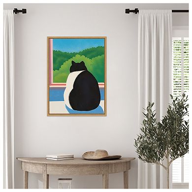 Fat Cat Looking out the Window by Little Dean Framed Canvas Wall Art Print