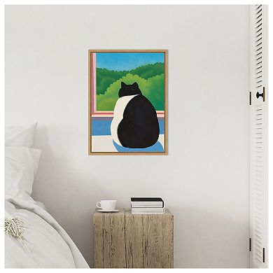 Fat Cat Looking out the Window by Little Dean Framed Canvas Wall Art Print
