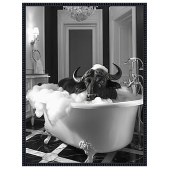 Curious Buffalo In the Tub by Niky Rahner Framed Canvas Wall Art Print