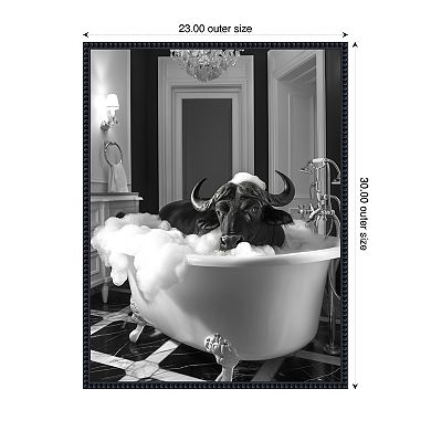 Curious Buffalo In the Tub by Niky Rahner Framed Canvas Wall Art Print