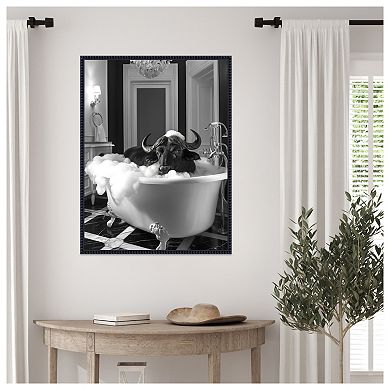 Curious Buffalo In the Tub by Niky Rahner Framed Canvas Wall Art Print