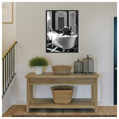 Curious Buffalo In the Tub by Niky Rahner Framed Canvas Wall Art Print